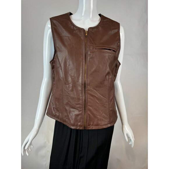 Ellen Kreager Brown Leather Womens Vest With Front Zipper & Chest Pocket Large - Picture 8 of 16